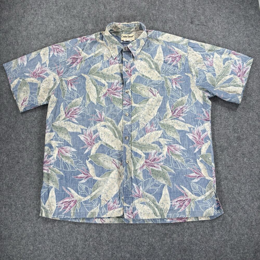 Vintage Cooke Street Hawaiian Shirt Mens XL Blue Floral Cotton Reverse Print